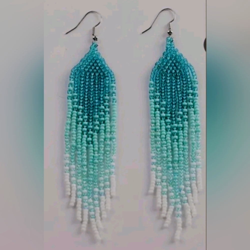 Native American Style Earrings Mint Blue & Green Bead Earrings Bohemian NWT